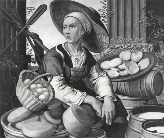 A. C. Cooper — Aertsen Pieter (cerchia) - sec. XVI - Scena di mercato con uova, formaggi e figura femminile — insieme